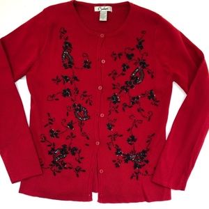 Silky knit red cardigan black beaded front !!